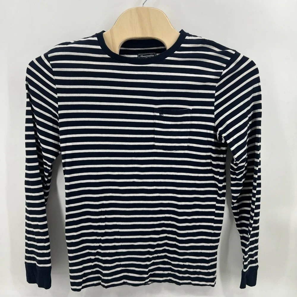 Abercrombie & Fitch Shirt Mens Medium Blue White Striped Long Sleeve Pocket Logo - Picture 1 of 8